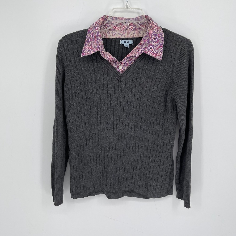 IZOD Women's‎ Gray Paisley Collared Long Sleeve Ribbed Knit Sweater Top Size XL